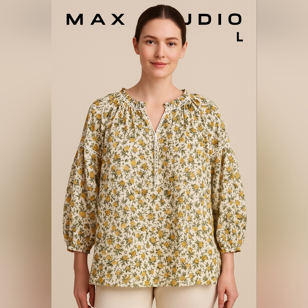 Max Studio Women’s Yellow Floral Long Sleeve Blouse Polyester Size L